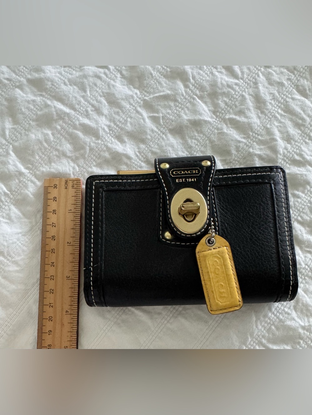 Coach Black Leather Turnlock Wallet with Coach Key Tag, Brass Hardware - Picture 9 of 10